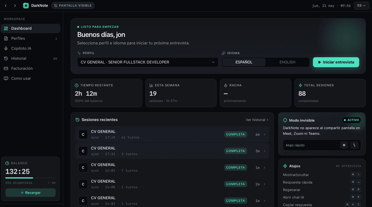 DarkNote — panel transparente con transcripción en vivo y respuesta sugerida durante una entrevista